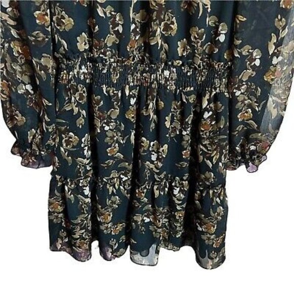 Drew Floral Green Fern and Brown Ruffle Chiffon Knee Length Dress Size M NWT - Picture 5 of 9